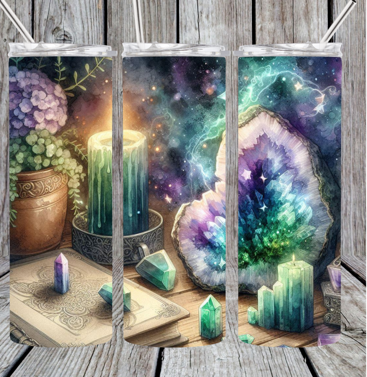 Green candle and crystal tumbler