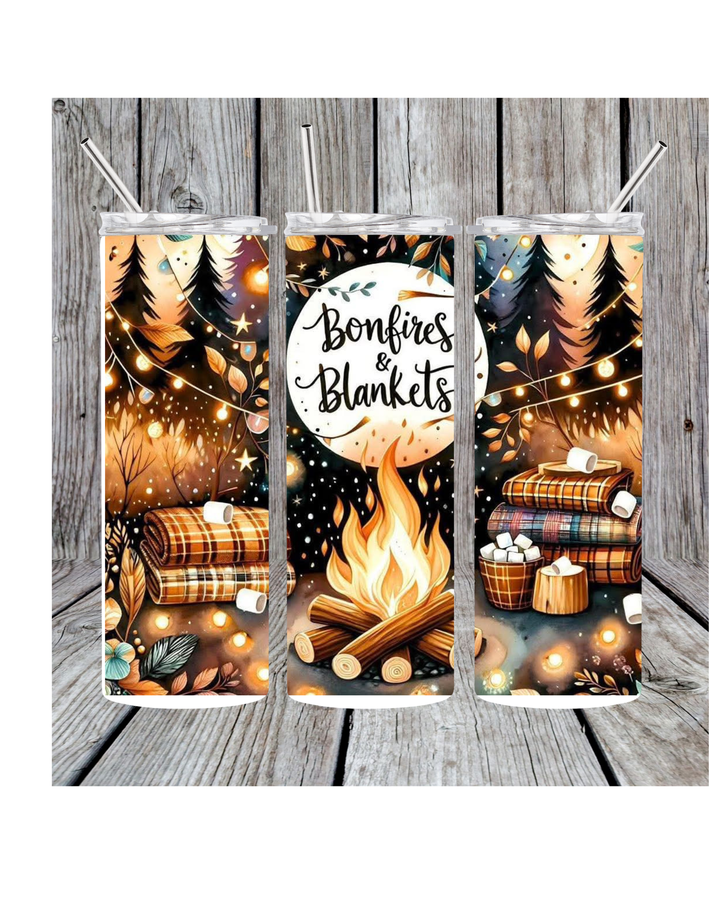 Blankets and bonfire tumbler