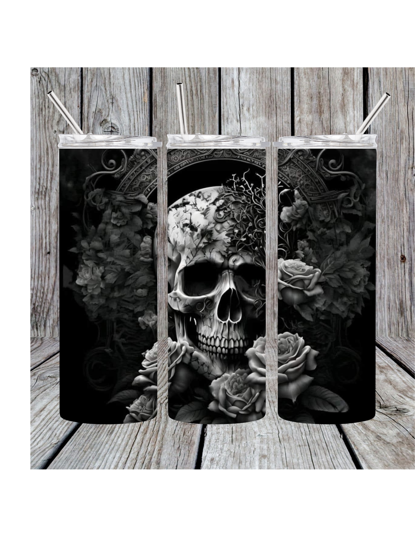 Grey skull and roses tumbler