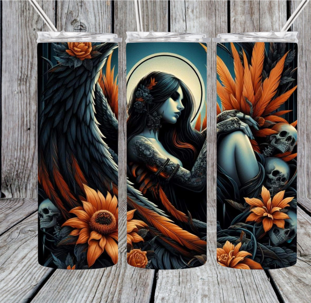 Dark angel with flowers tumbler