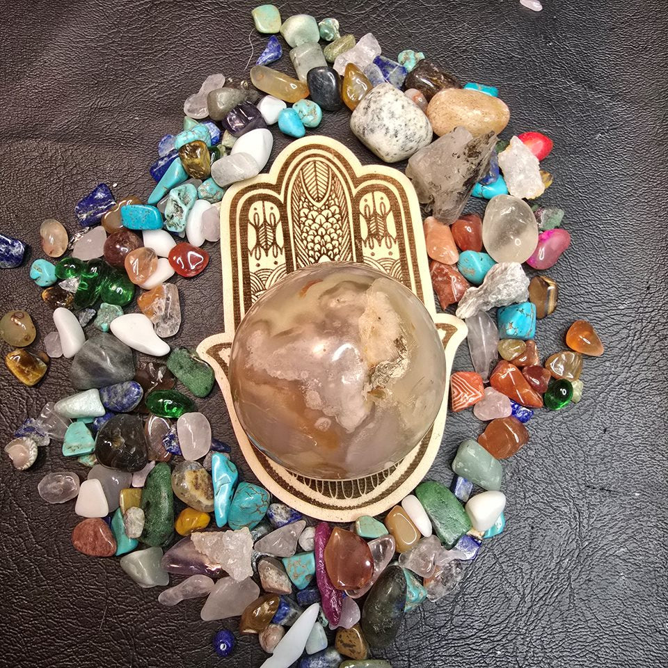 Hamsa Hand Wooden Crystal Sphere Stand