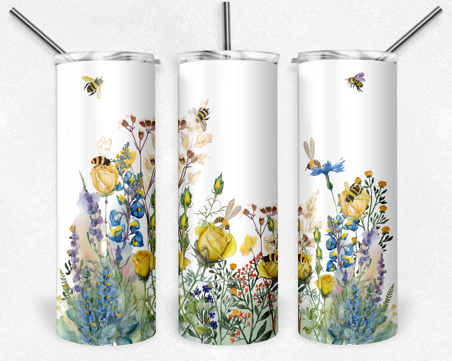 Bee and flowers metal tumbler
