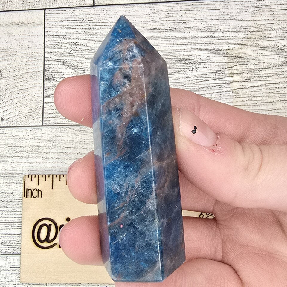 Dark Blue Apatite with Sunstone Inclusions Crystal tower point