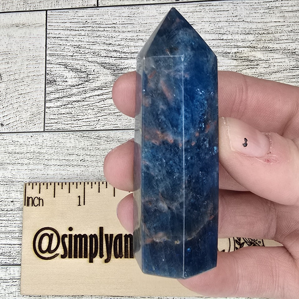 Dark Blue Apatite with Sunstone Inclusions Crystal tower point