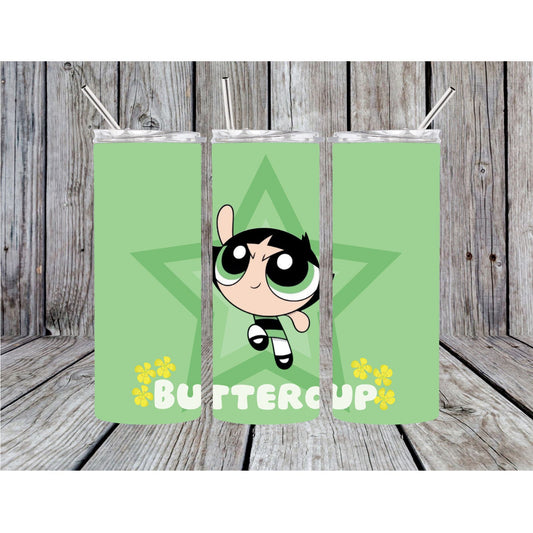 Powerpuff girls metal stainless steel tumbler, cartoon, 90s, retro, buttercup,